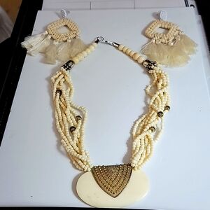 Cream Carved Bone Multi Strand Pendant Necklace Vintage Torsade &Straw earrings